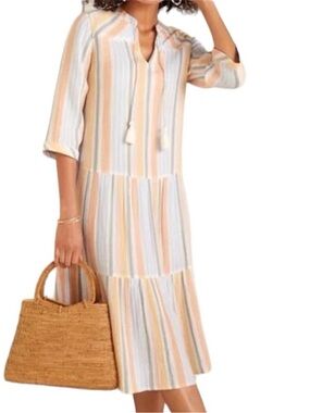 Soft Surroundings Striped Tiered Midi Dress in Pastel Peach, Blue & Cream. NWT.